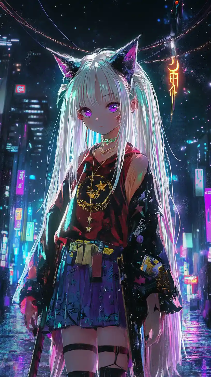 Anime girl in gold shirt with moon and star details