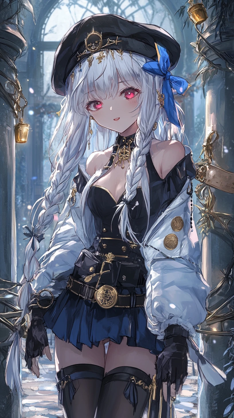 Chica de anime en un salón con columnas cubiertas de hiedra y suelo de piedra