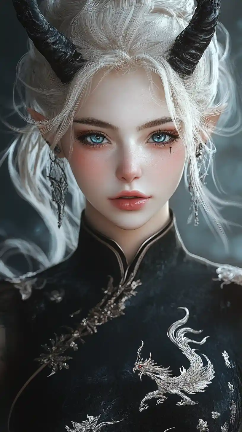 Platinum blonde tiefling woman in black phoenix cheongsam