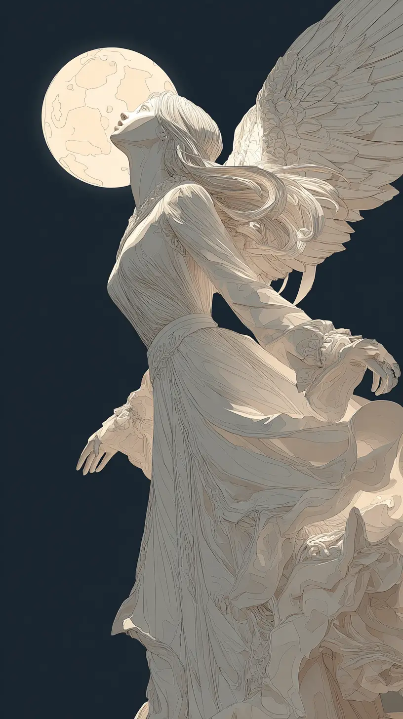 Chica ángel extendiendo la mano bajo un cielo nocturno resplandeciente