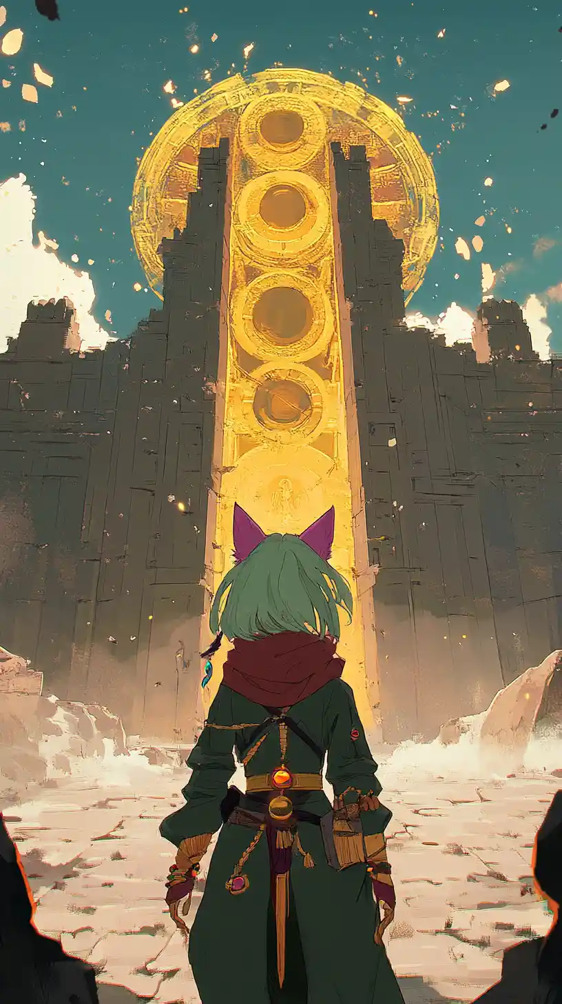 Anime girl walking toward a colossal stone circle temple