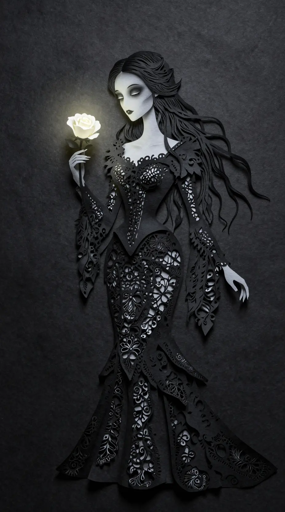 Gothic paper cut noblewoman holding a glowing white rose