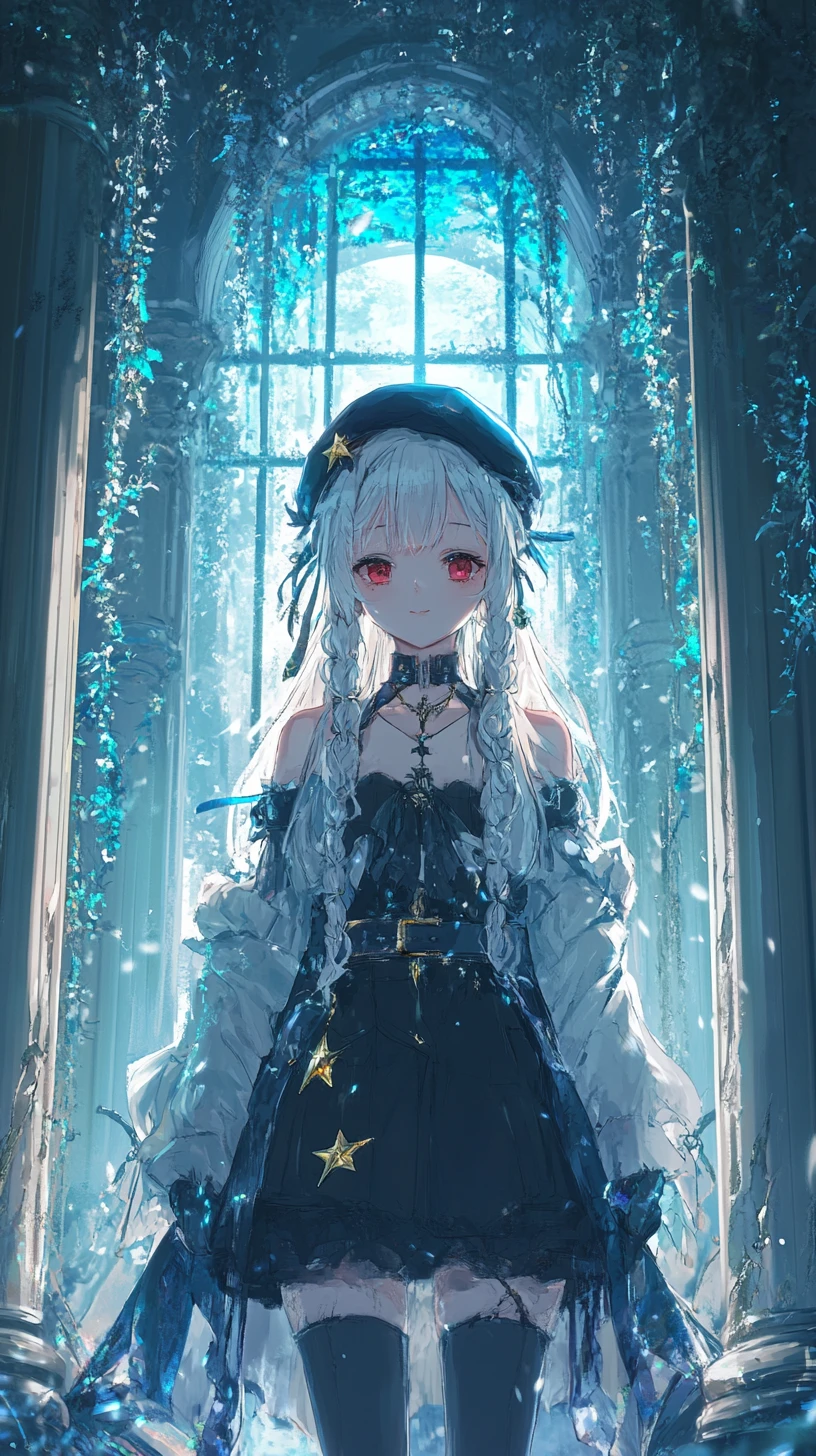 Anime girl in ivy covered column hall with blue drapery