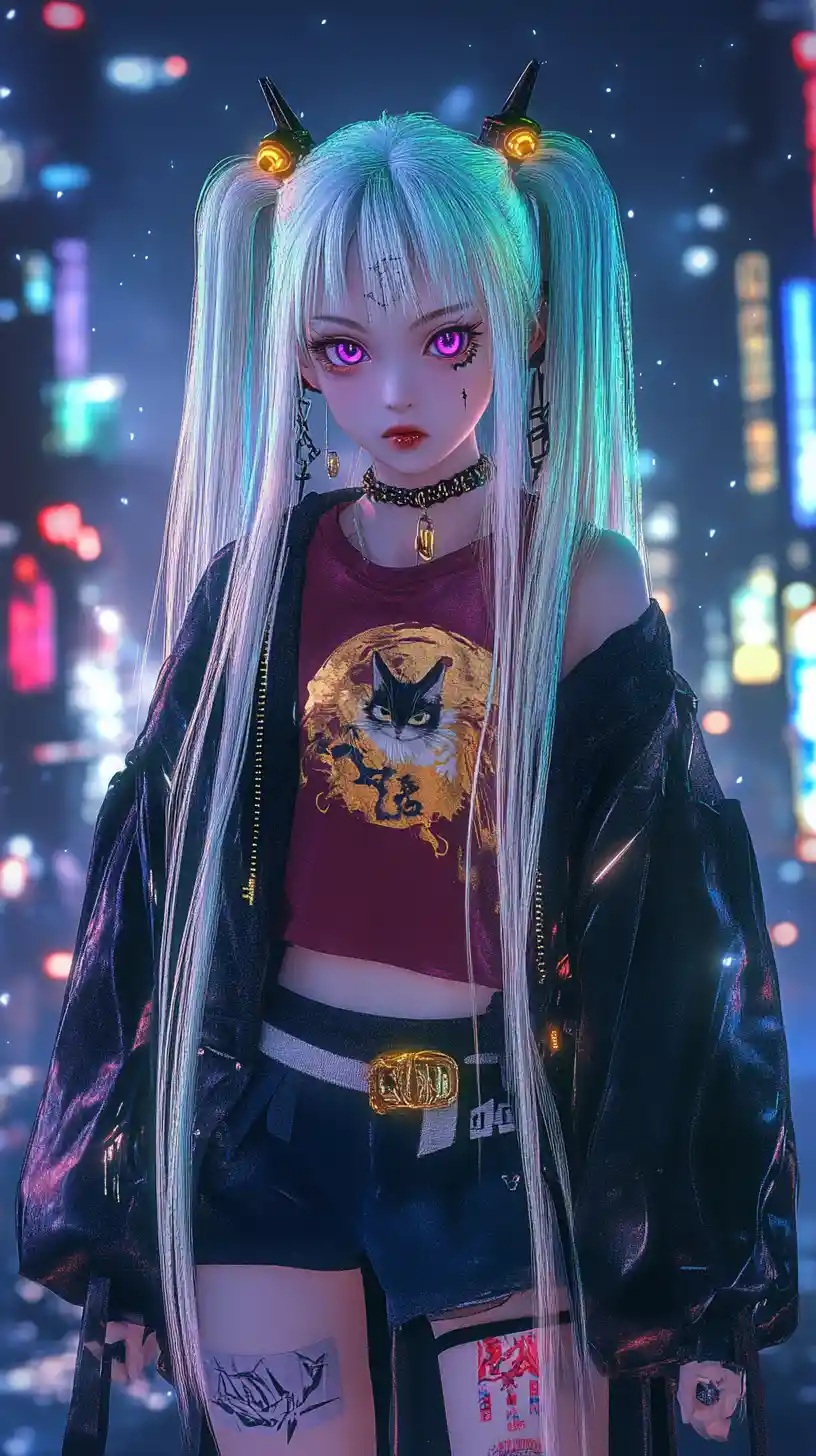 Anime-Mädchen im goldenen Shirt mit Mond unter neonleuchtendem Himmel