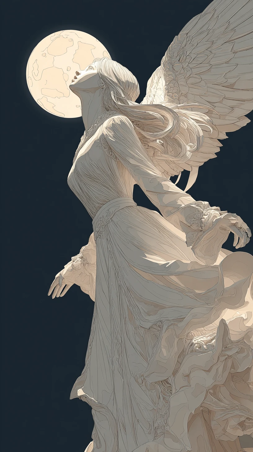 Chica ángel extendiendo la mano bajo un cielo nocturno resplandeciente