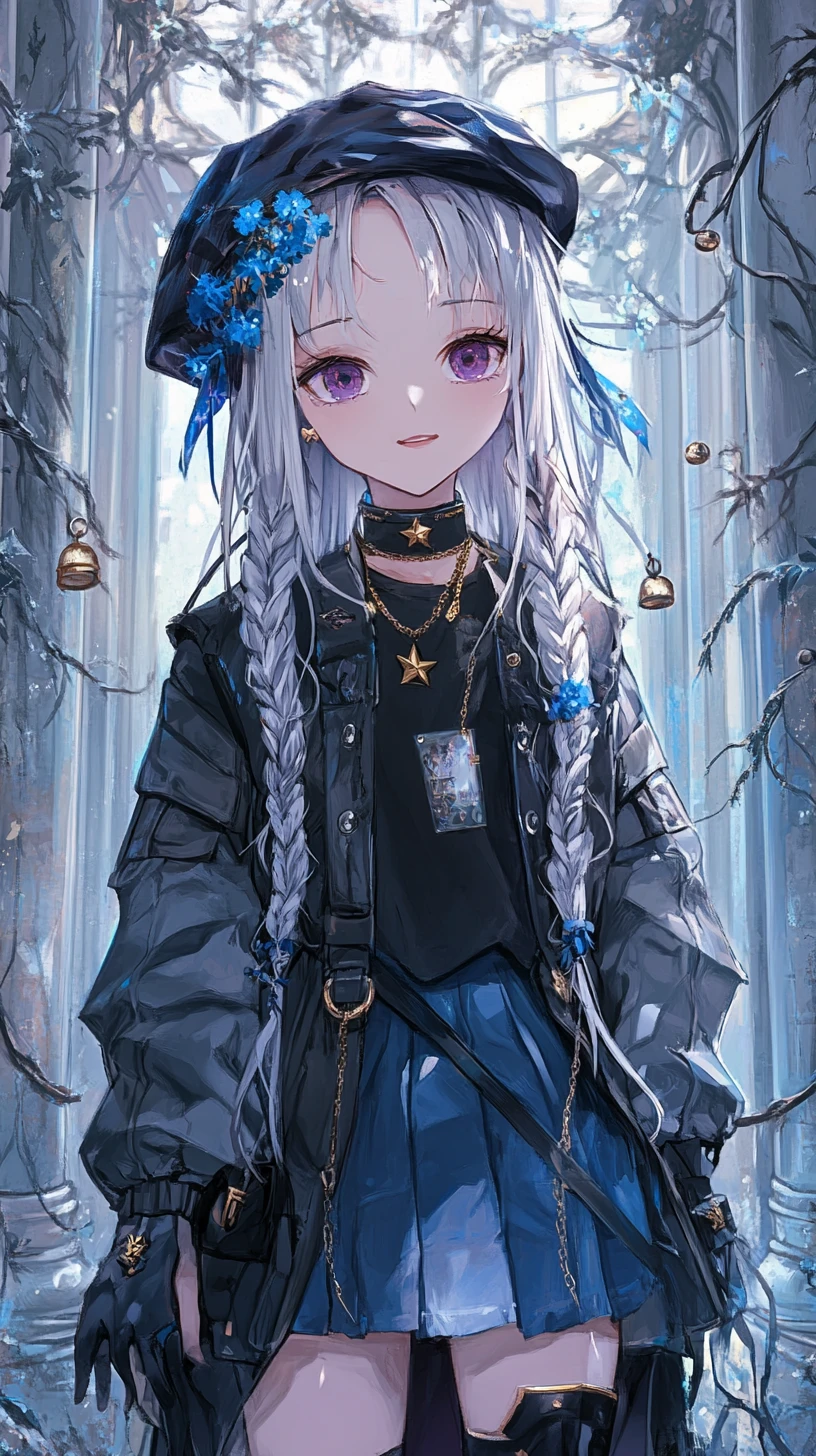 Anime girl in ivy covered hall with stone floor