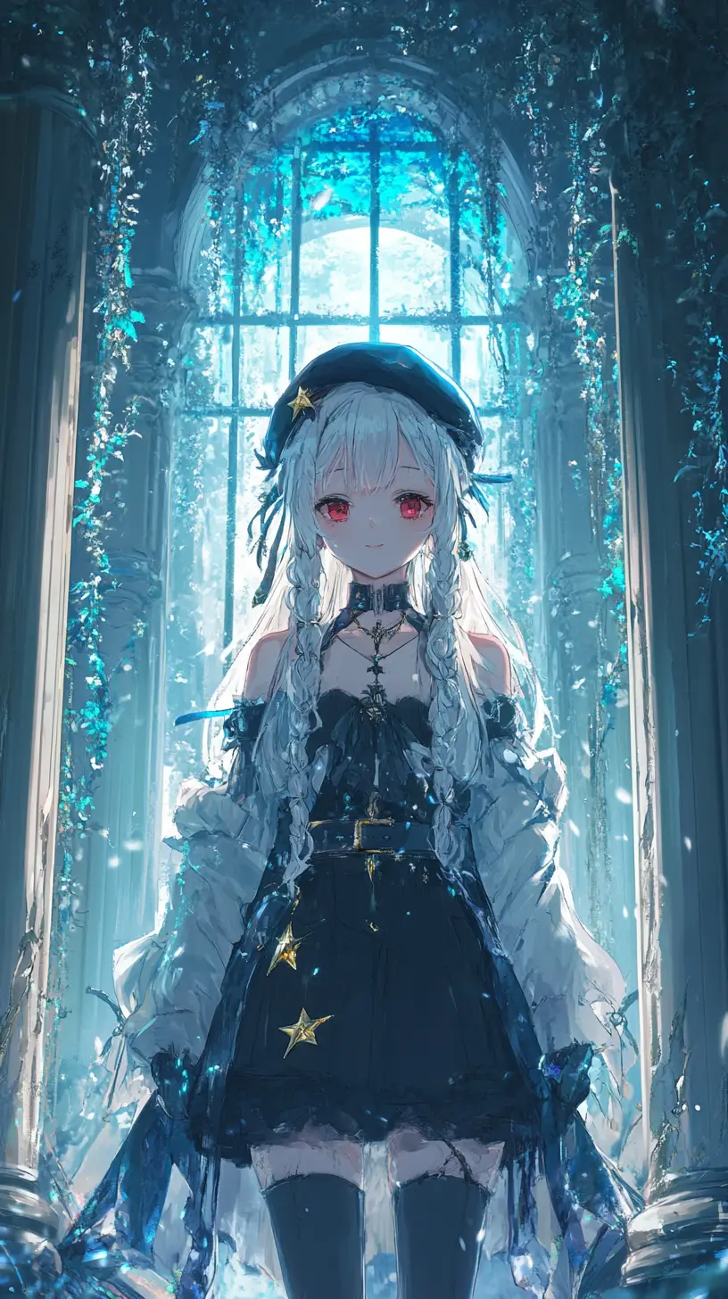 Anime girl in ivy covered column hall with blue drapery