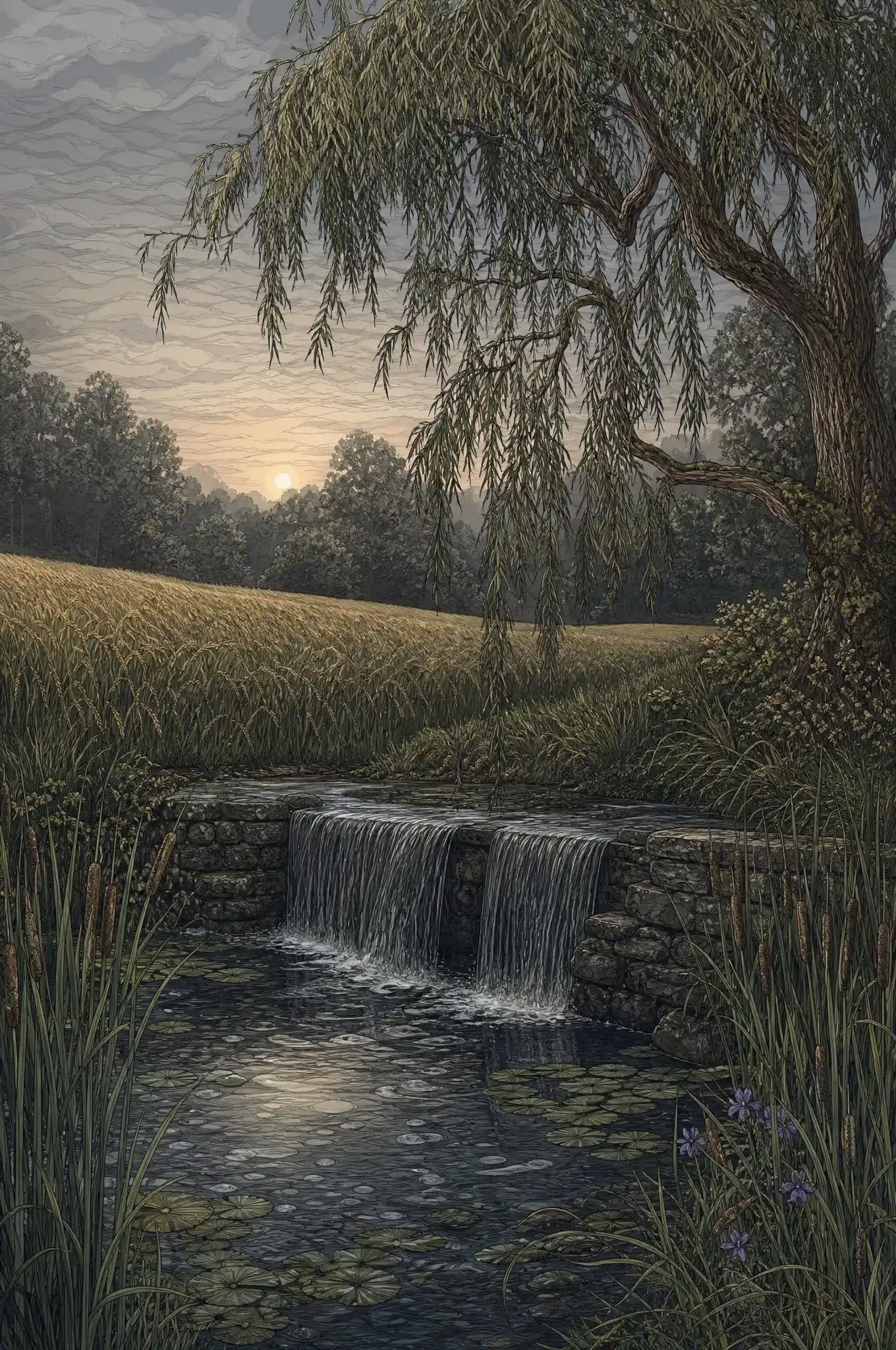 Sauce Sobre la Presa del Río al Amanecer Tranquilo