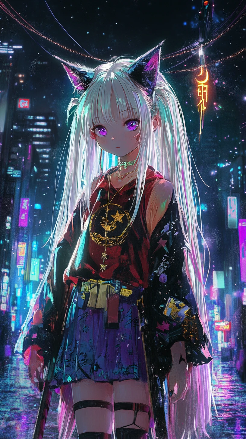 Anime girl in gold shirt with moon and star details
