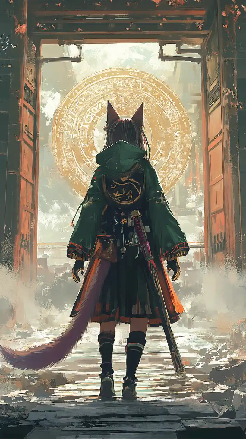 Anime girl walking toward a colossal stone circle temple