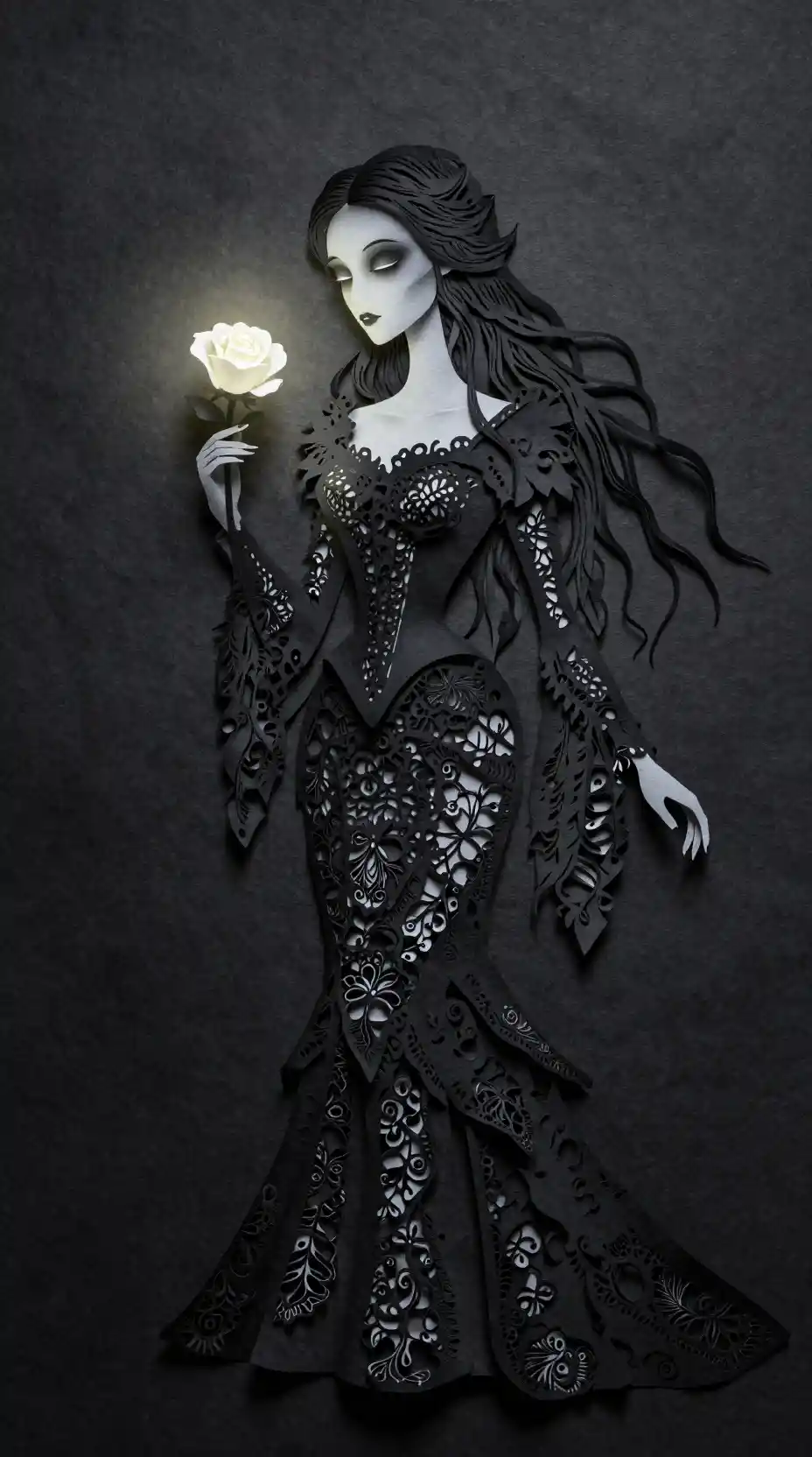 Gothic paper cut noblewoman holding a glowing white rose