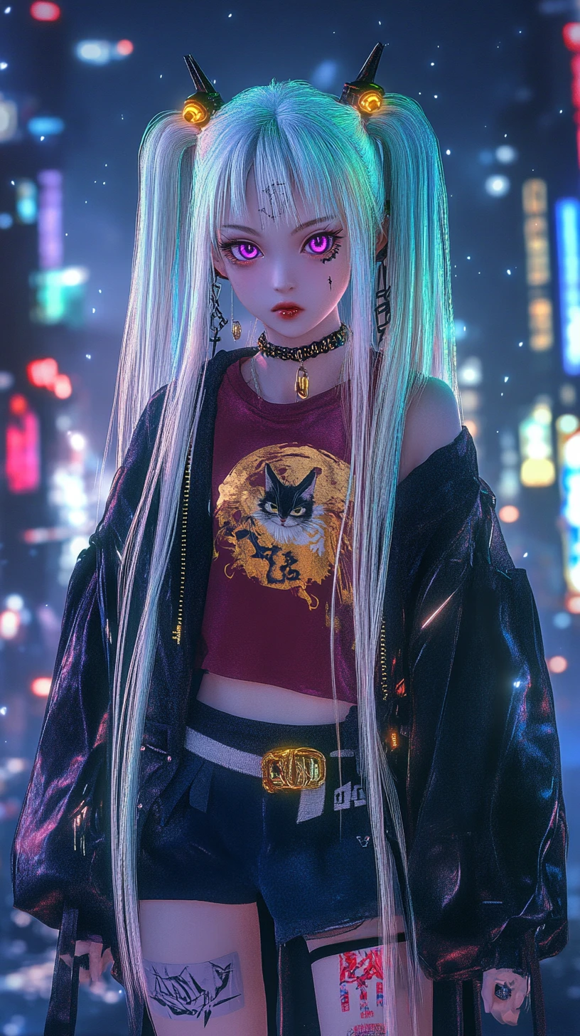 Anime girl in gold shirt with moon under neon sky