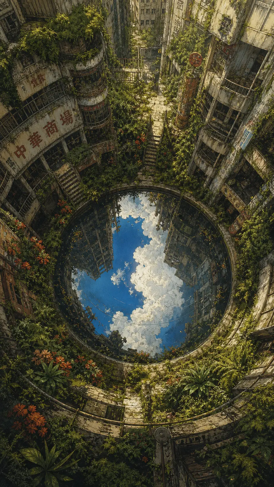 Vista cenital de una piscina abandonada en la azotea como espejo del cielo