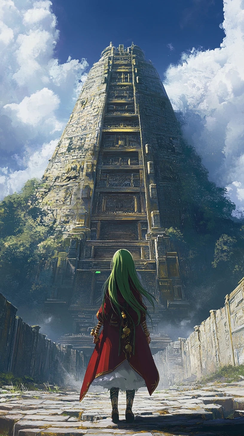 Anime girl walking toward a colossal stone circle temple