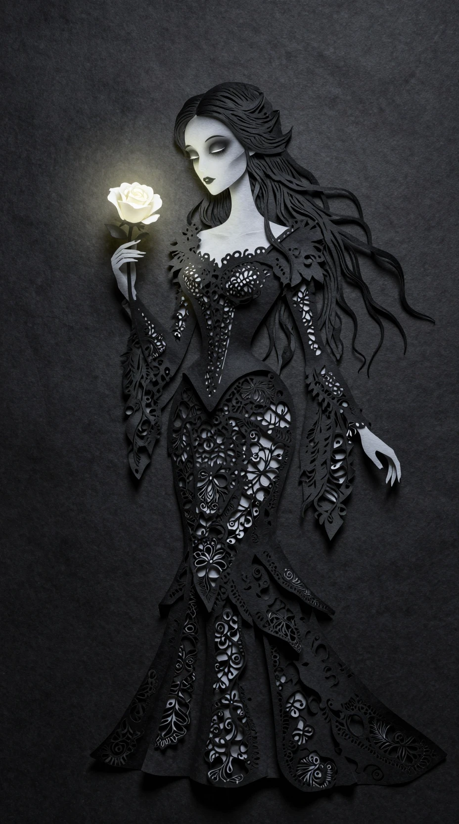 Gothic paper cut noblewoman holding a glowing white rose