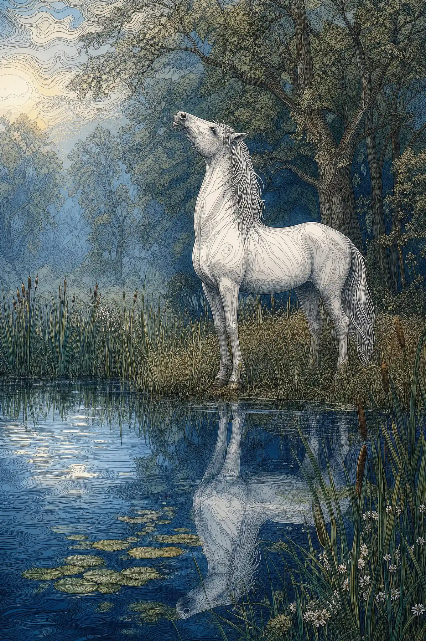Cavallo bianco accanto a un lago blu profondo al mattino