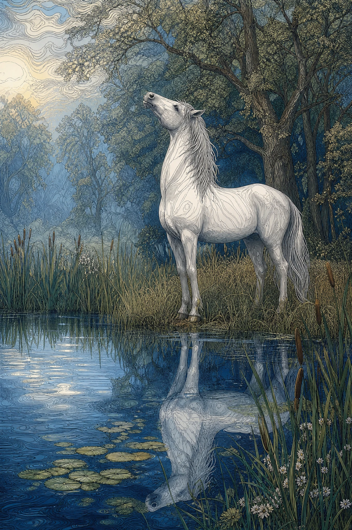 Cavallo bianco accanto a un lago blu profondo al mattino