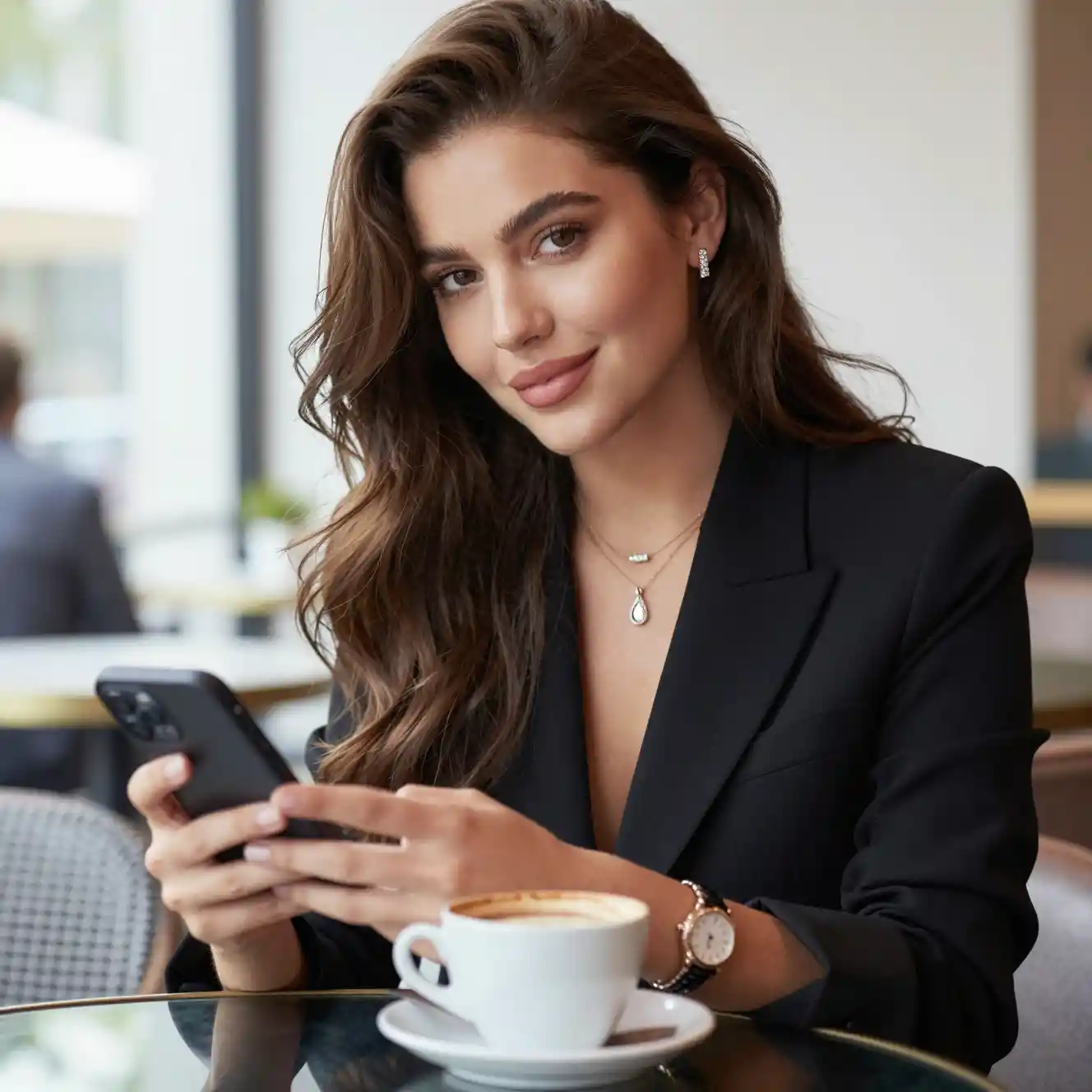Giovane donna sicura di sé in blazer a un tavolo di caffè moderno
