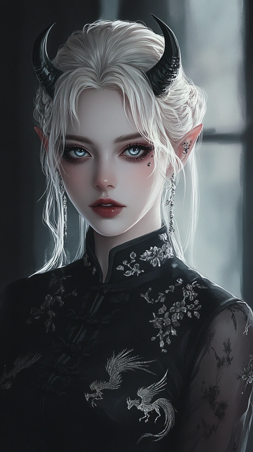 Mujer tiefling rubia platino con cheongsam negro de fénix