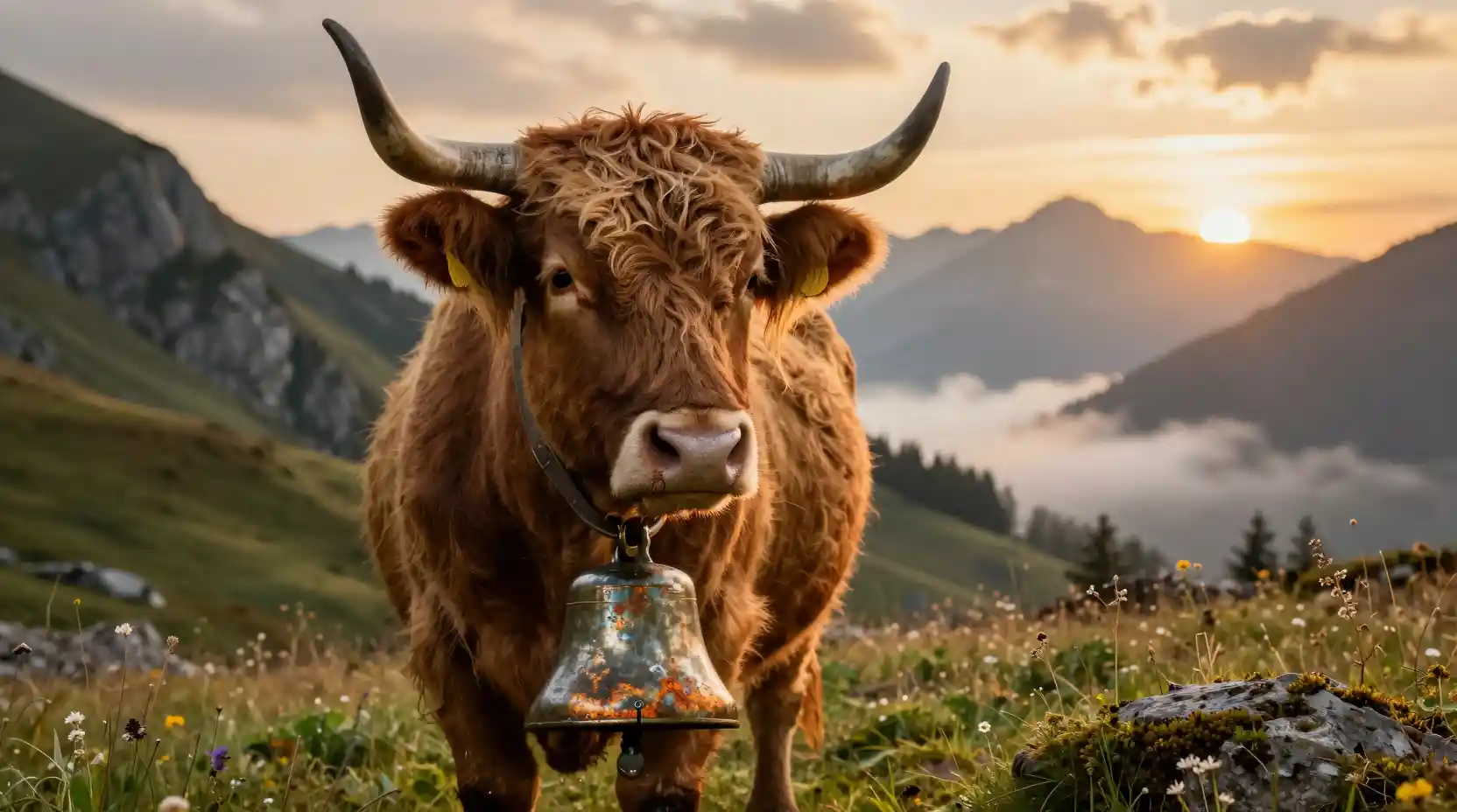 Vaca Highland con campana de bronce en pradera alpina al atardecer