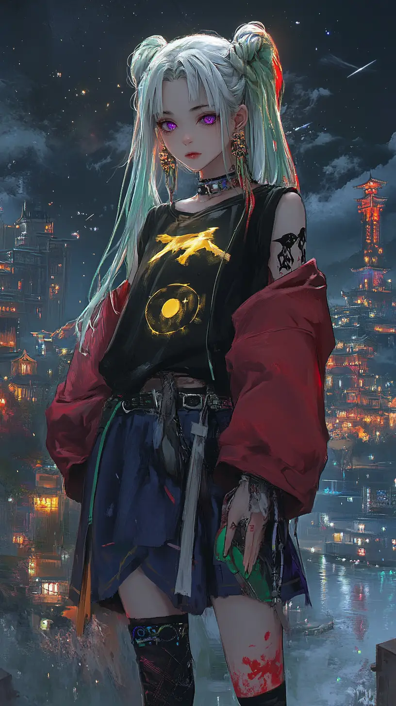 Chica de anime con atuendo celestial y detalles de estrellas y luna