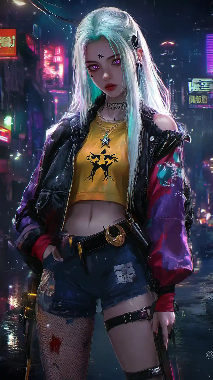 Anime girl in ornate outfit under a neon night sky