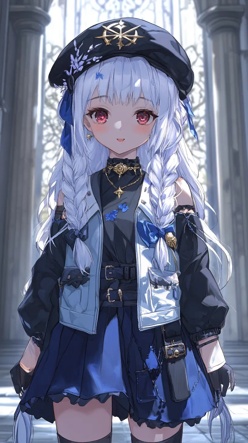 Anime-Mädchen in von Efeu überwuchertem Säulengang mit Steinboden