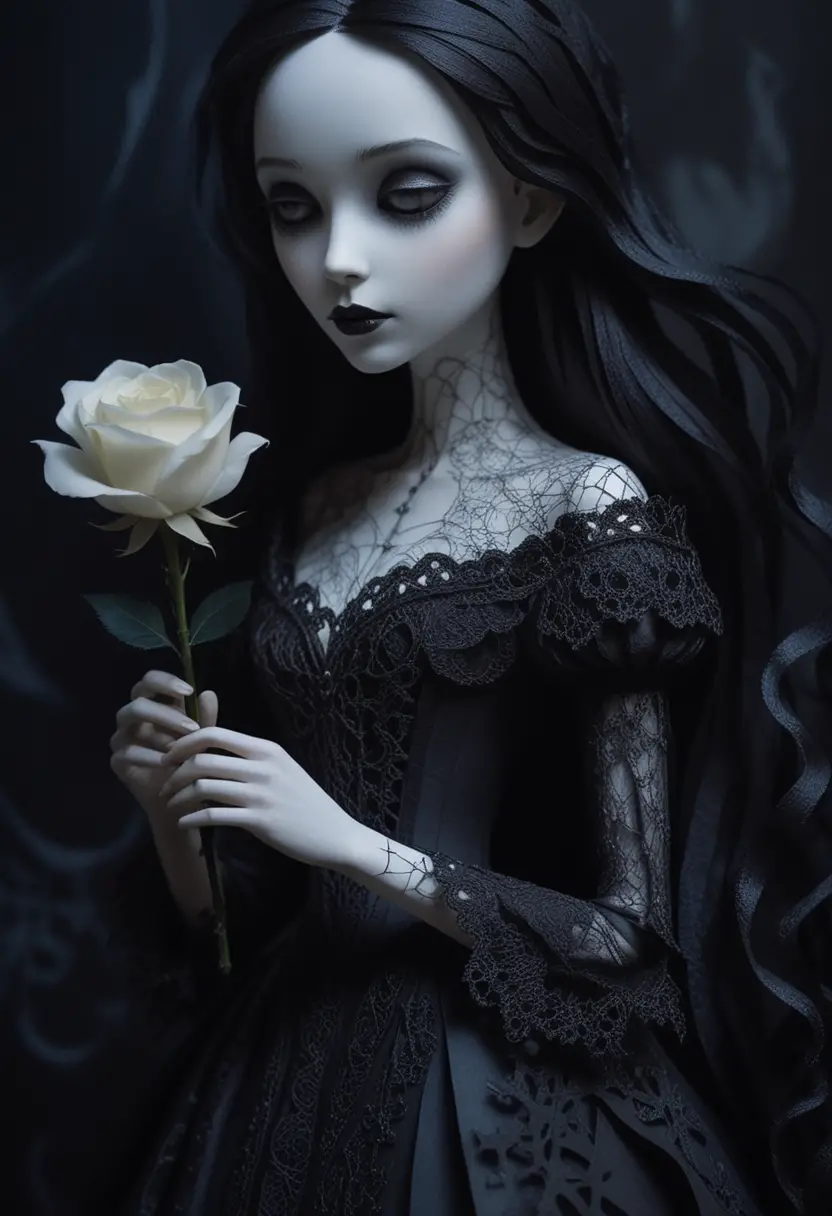 Gothic paper cut noblewoman with glowing white rose