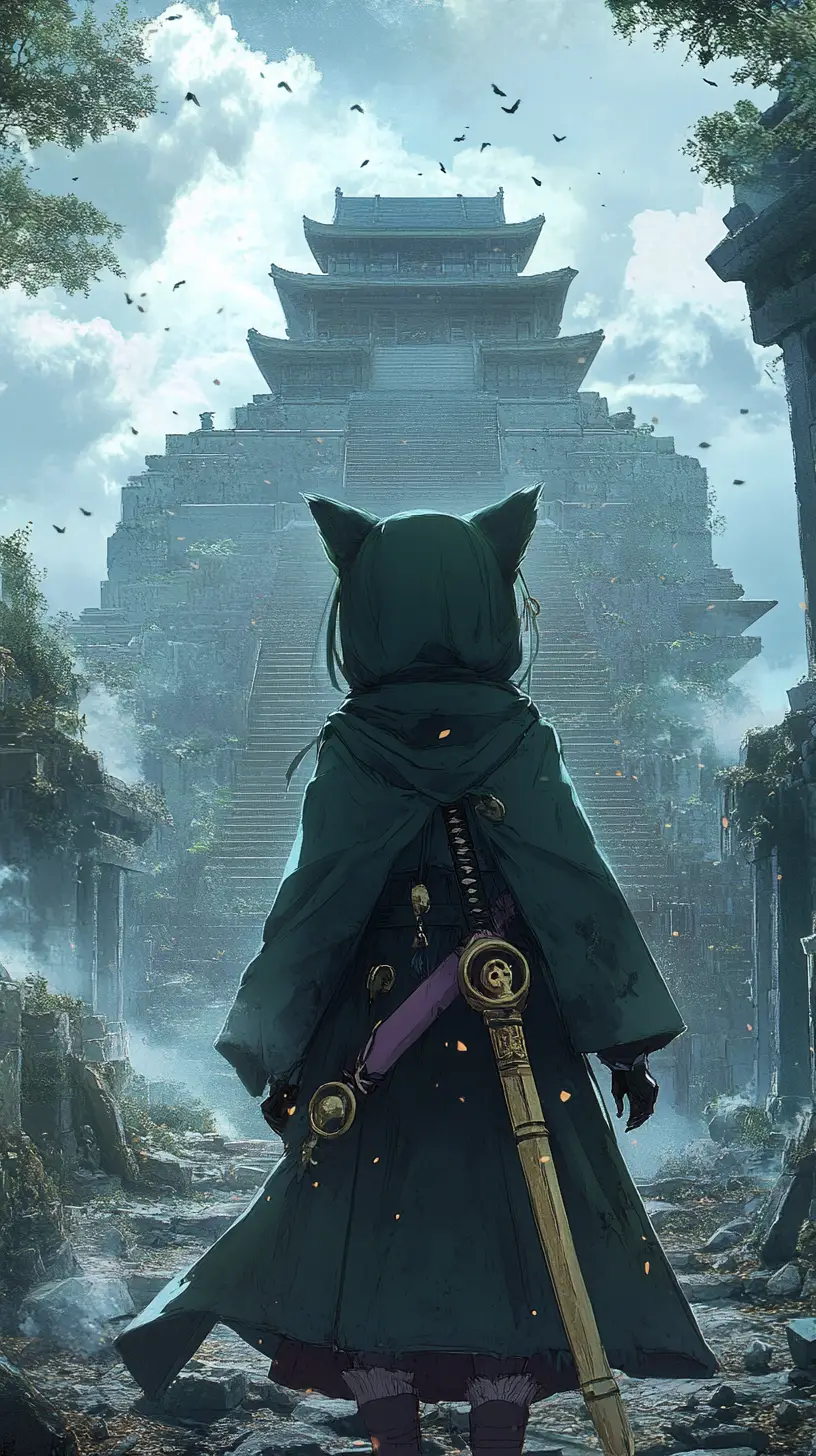 Chica de anime caminando hacia un templo circular de piedra