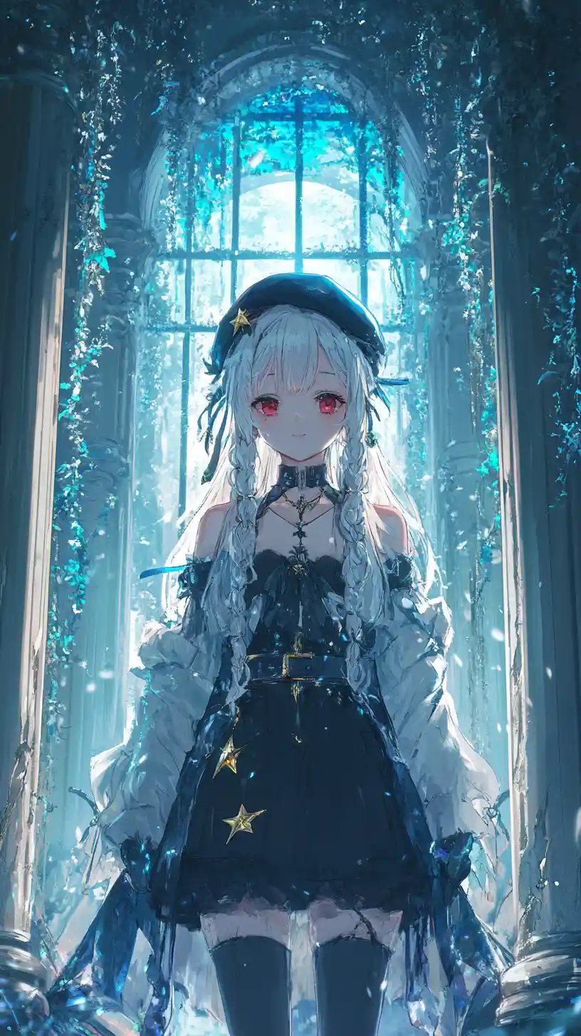 Anime girl in ivy covered column hall with blue drapery