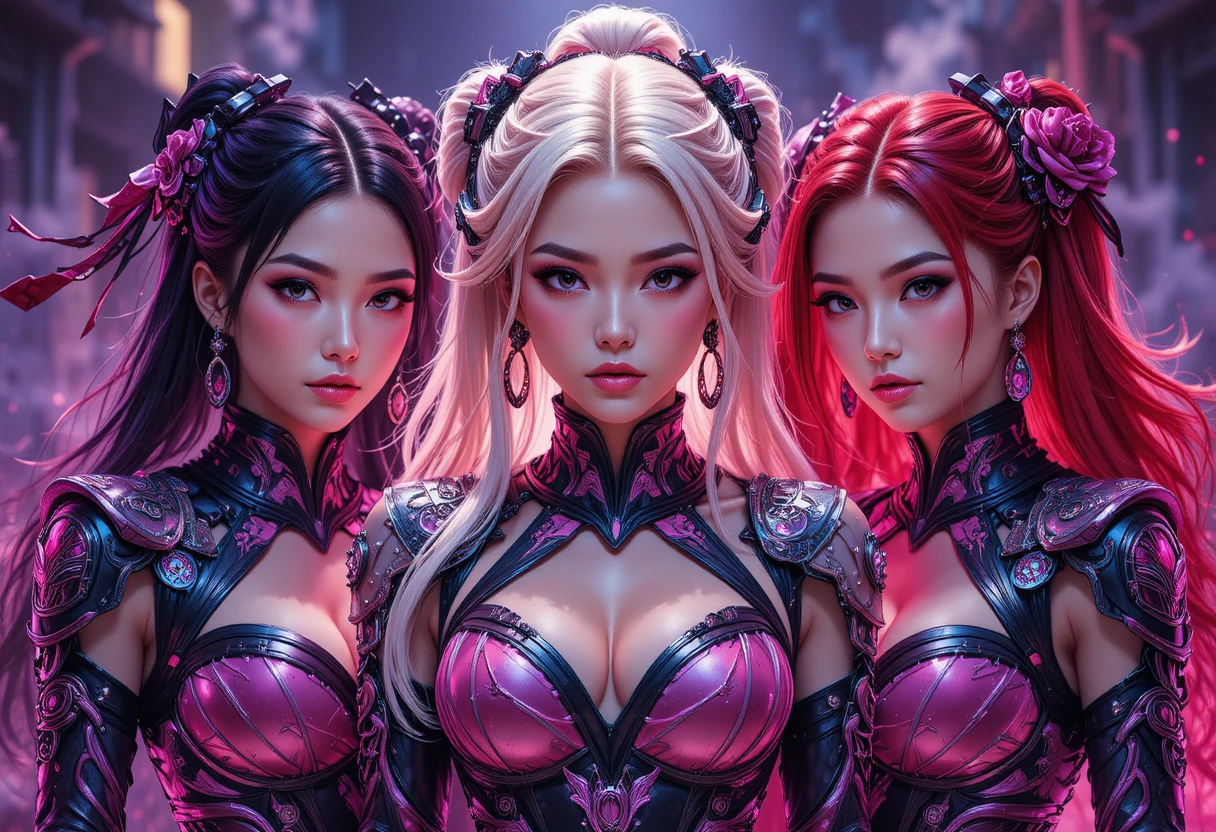 Tres guerreras de anime con armadura de cazadora cyberpunk