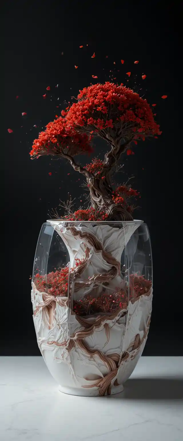 Minimalist red and white ceramic objects on black background