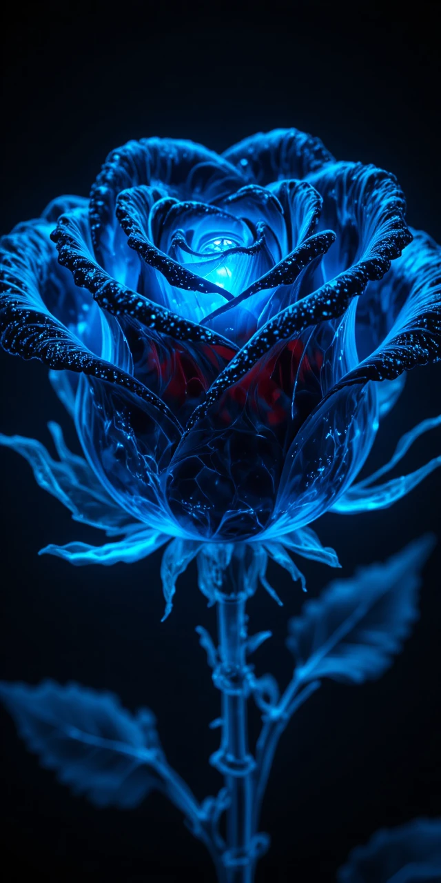 Rosa de vidrio negra que brilla con una luz azul cielo surrealista