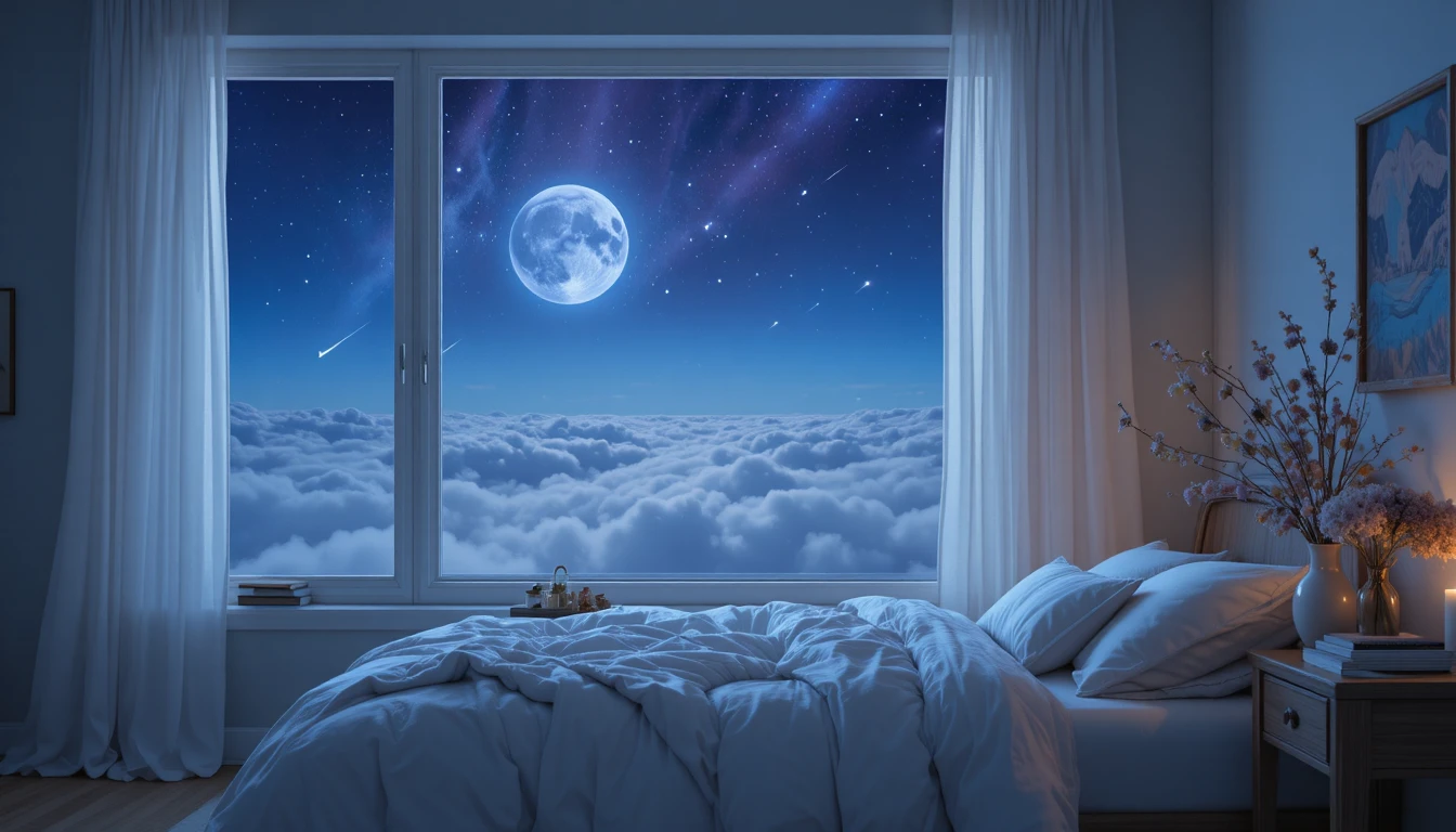 Mondbeschienenes skandinavisches Schlafzimmer mit großem Fenster und Sternenhimmel