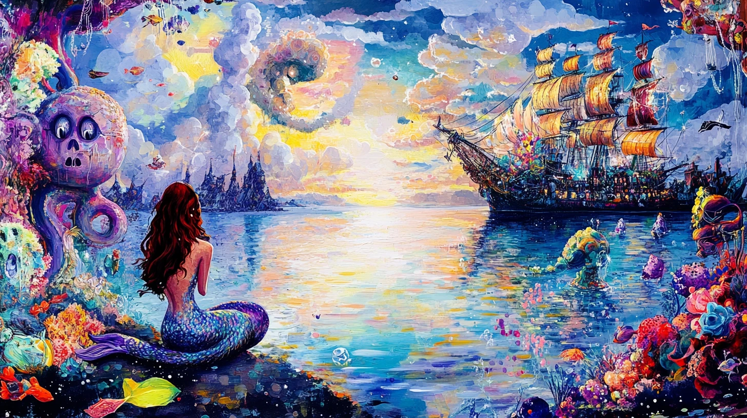 Surreal mermaid on vivid island shore facing pirate ship