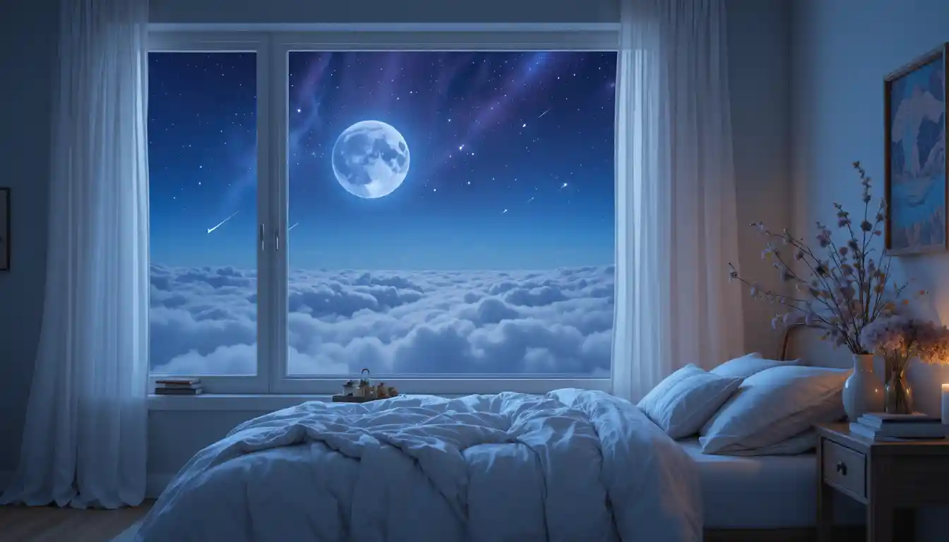 Moonlit Scandinavian bedroom with large window and stars