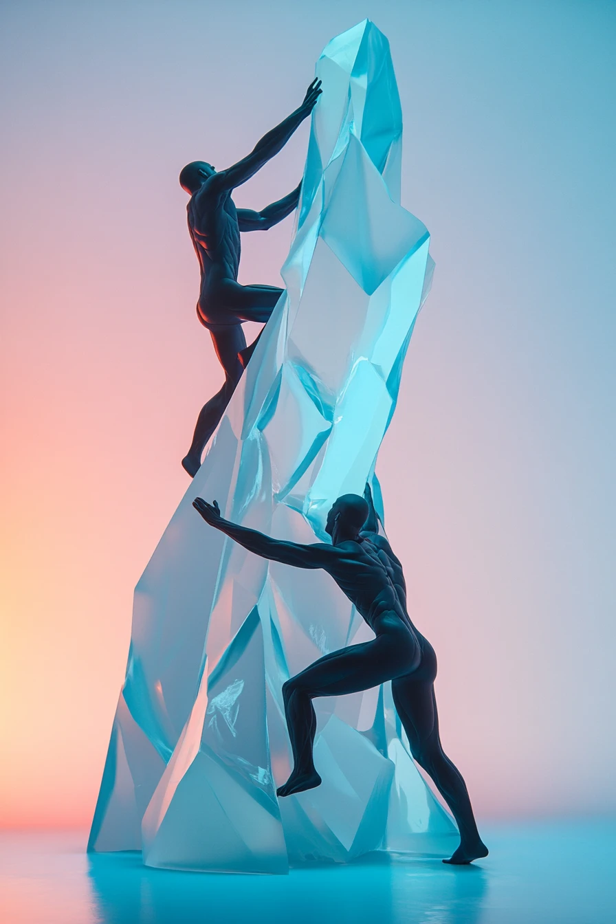 Humanoides futuristas sobre escultura azul abstracta en un vacío pastel