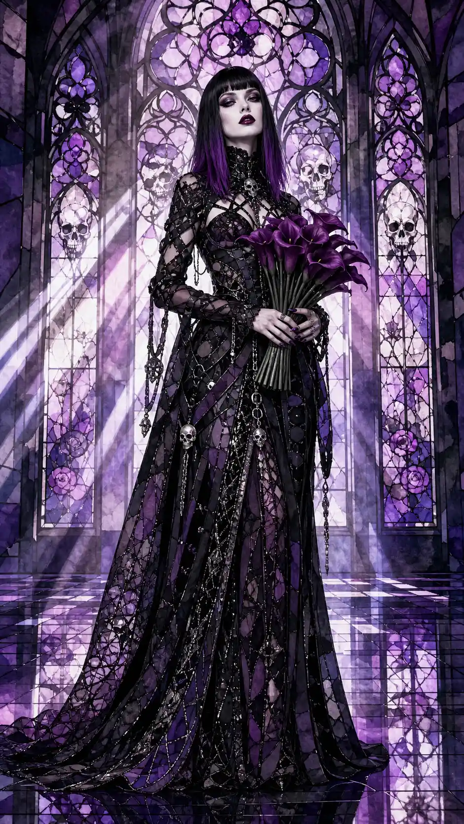 Gothic fashion model in black and purple couture gown