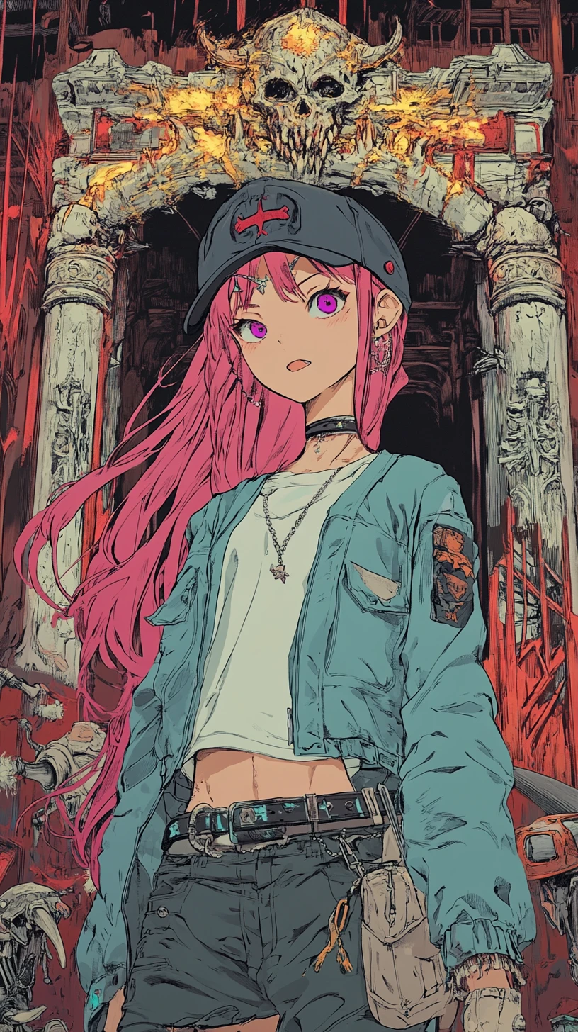 Chica anime descansando antes de la batalla en la puerta de un palacio de huesos