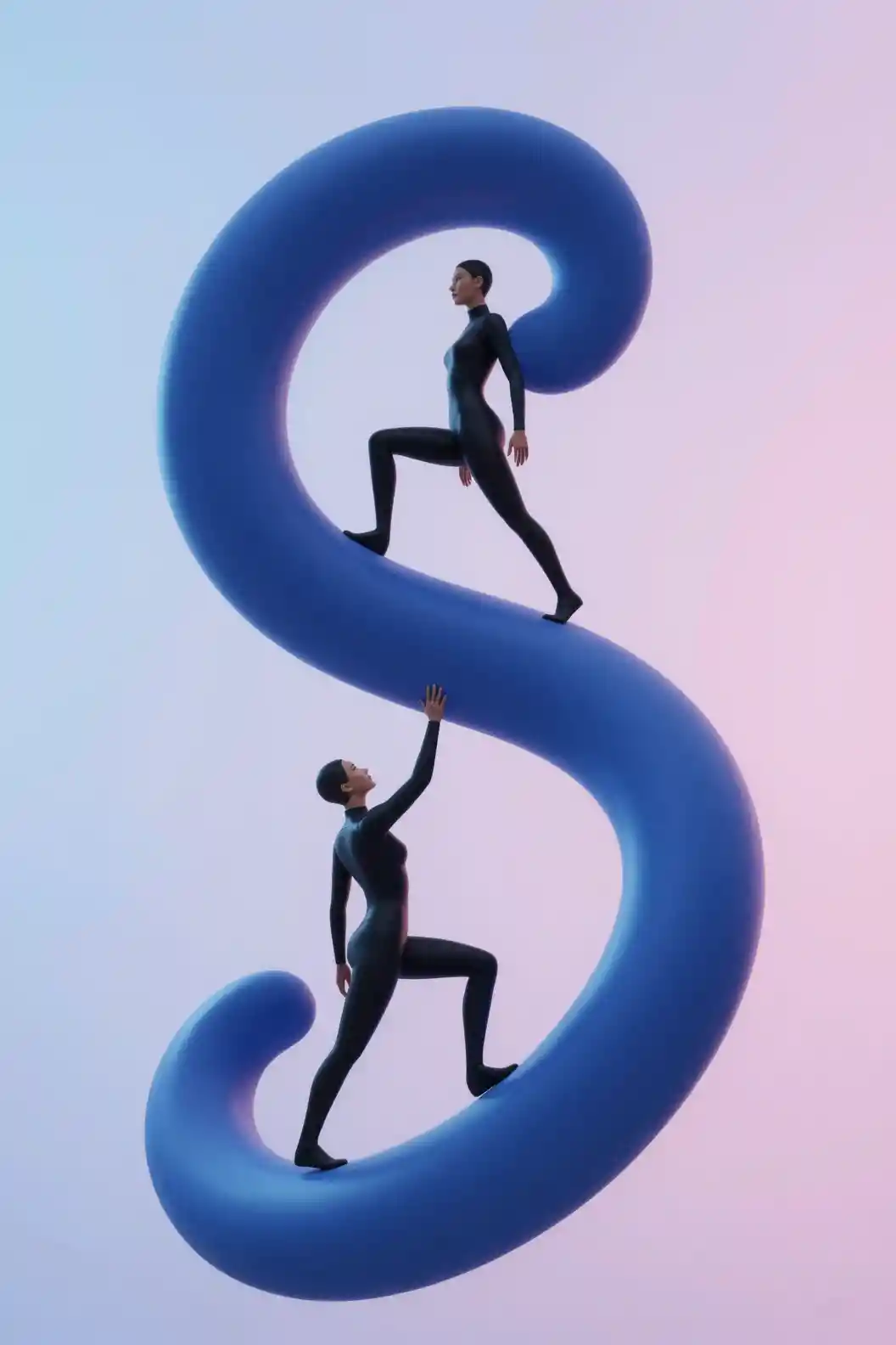 Futuristic figures climbing a twisting blue abstract sculpture