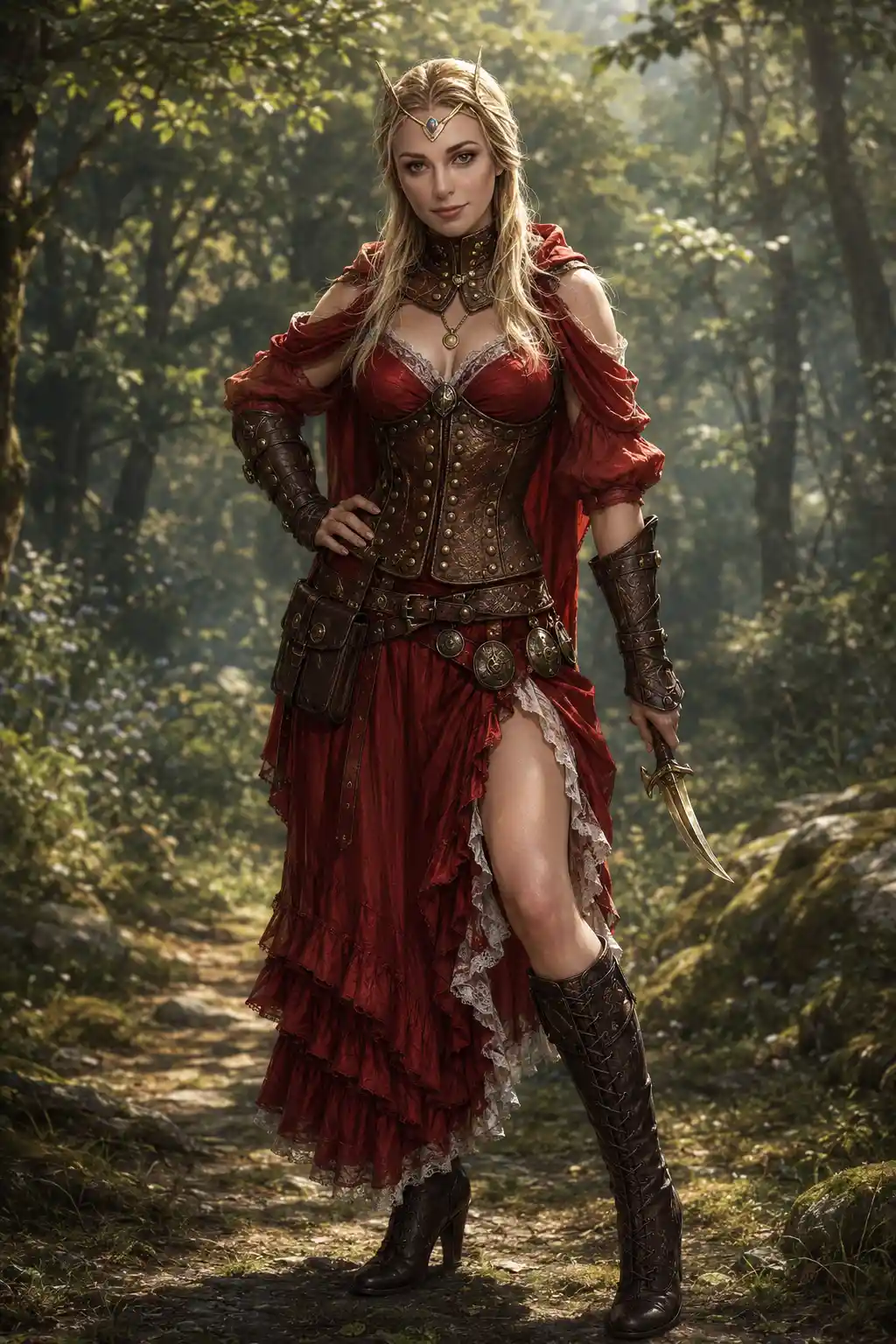 Chica de fantasía con capa roja con capucha en un claro del bosque
