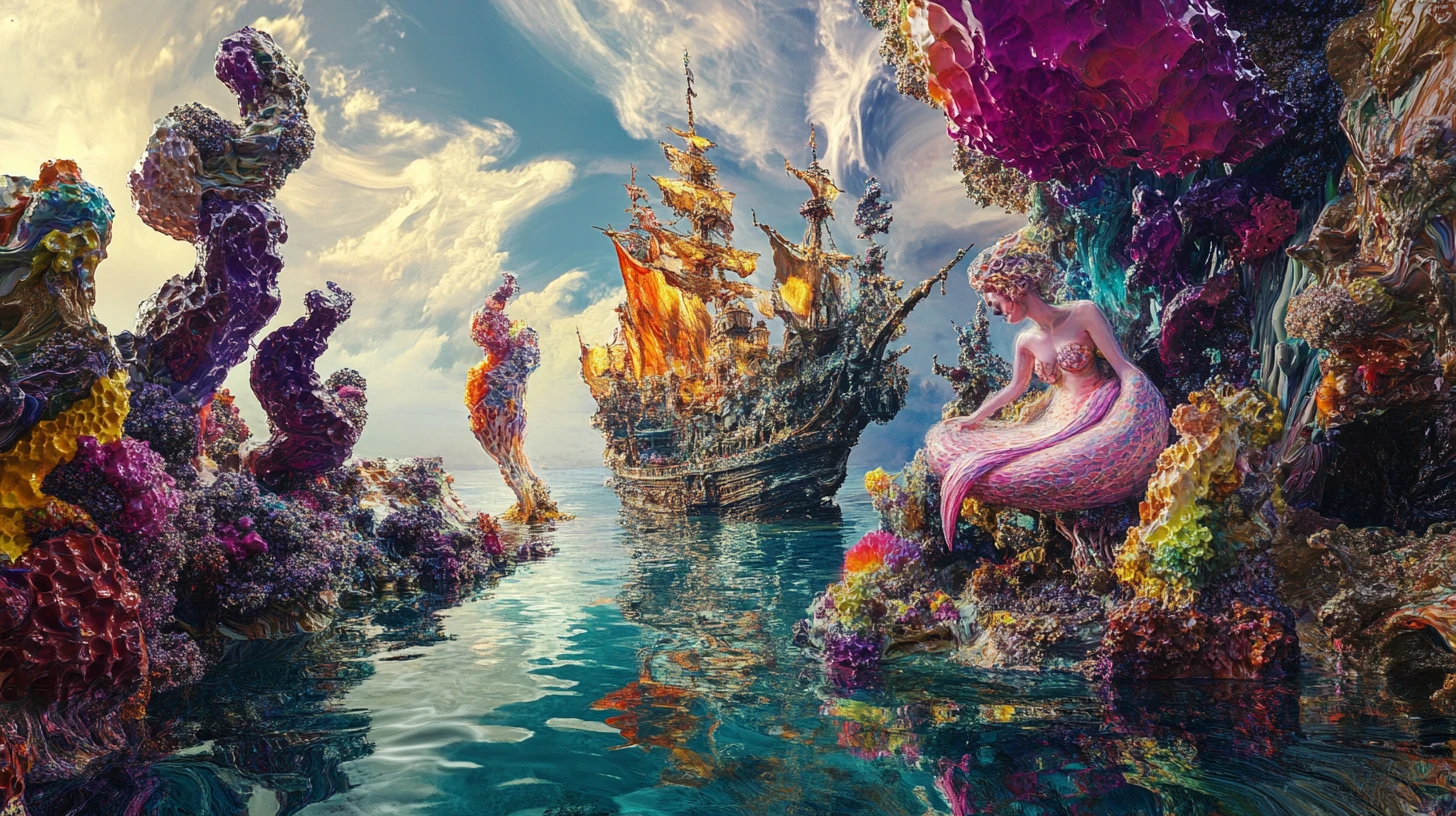 Surreal mermaid on strange island shore in dreamlike scene