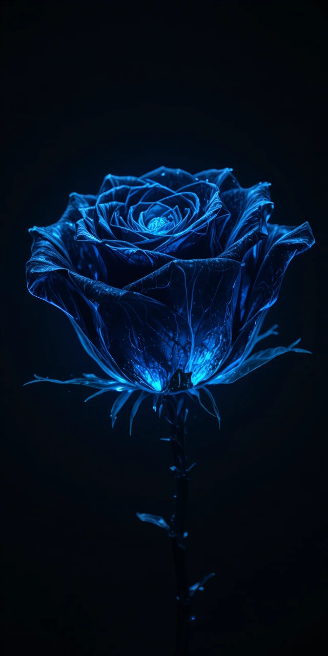 Glowing Black Rose With Sky Blue Glass Petals On Dark Background