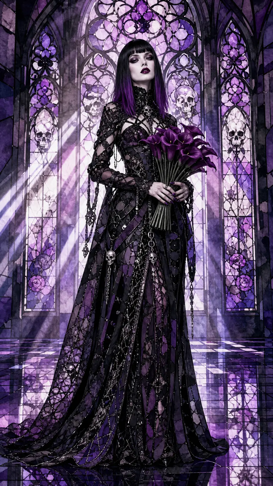 Gothic fashion model in black and purple couture gown