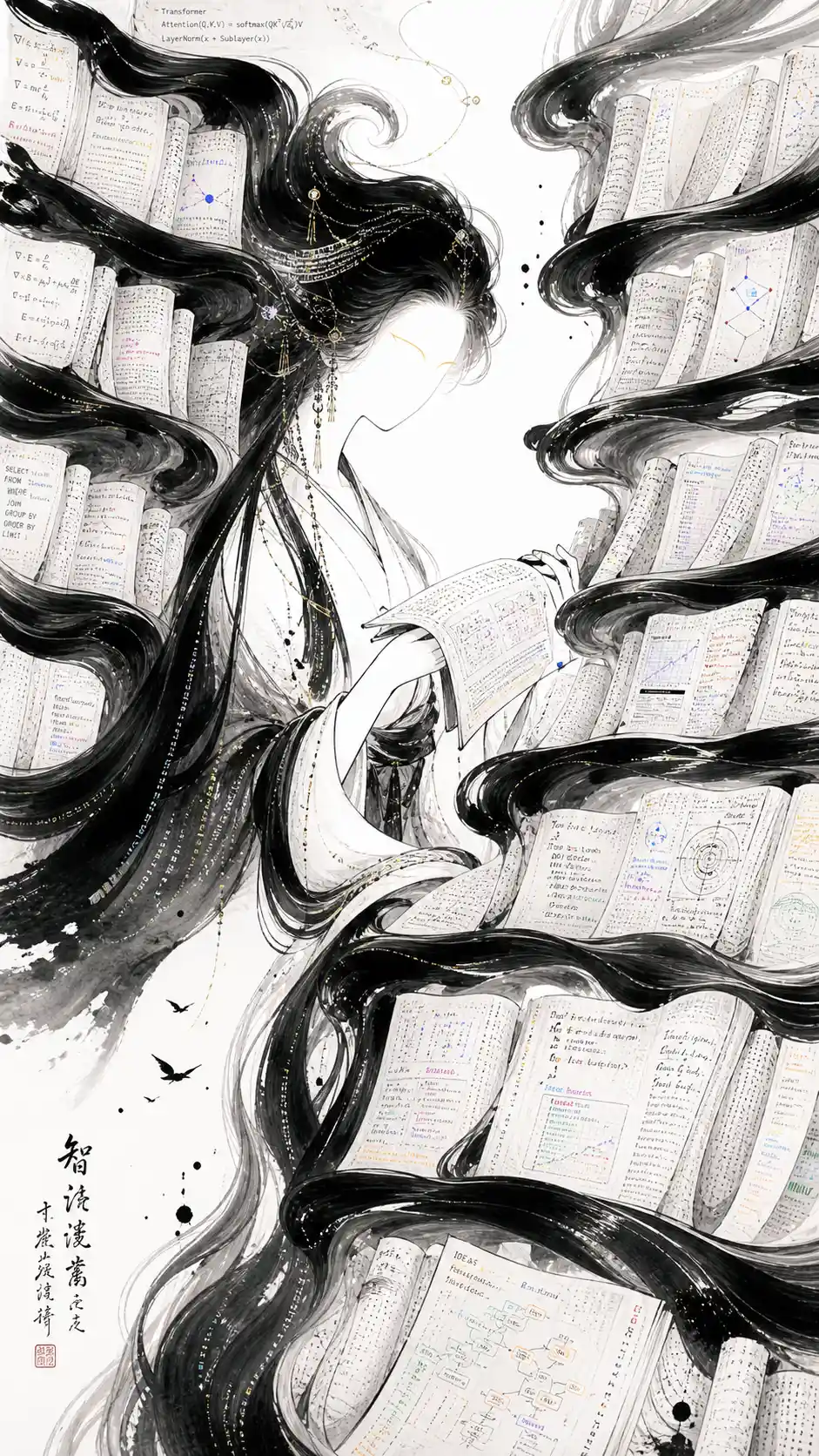 Elegant ink librarian formed from flowing calligraphic strokes