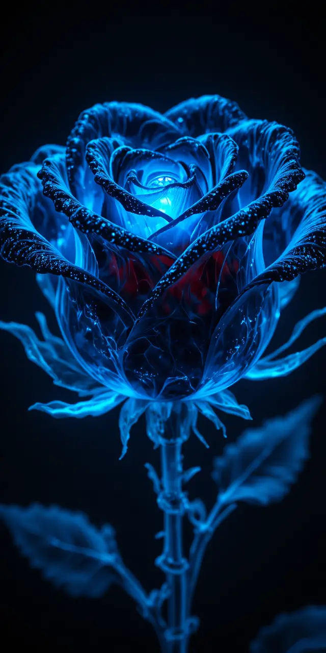 Schwarze Glasrose, leuchtend in surreales himmelblaues Licht
