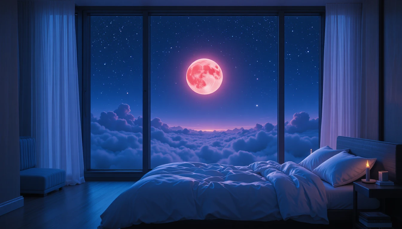 Moonlit modern bedroom with dreamy indigo night sky view
