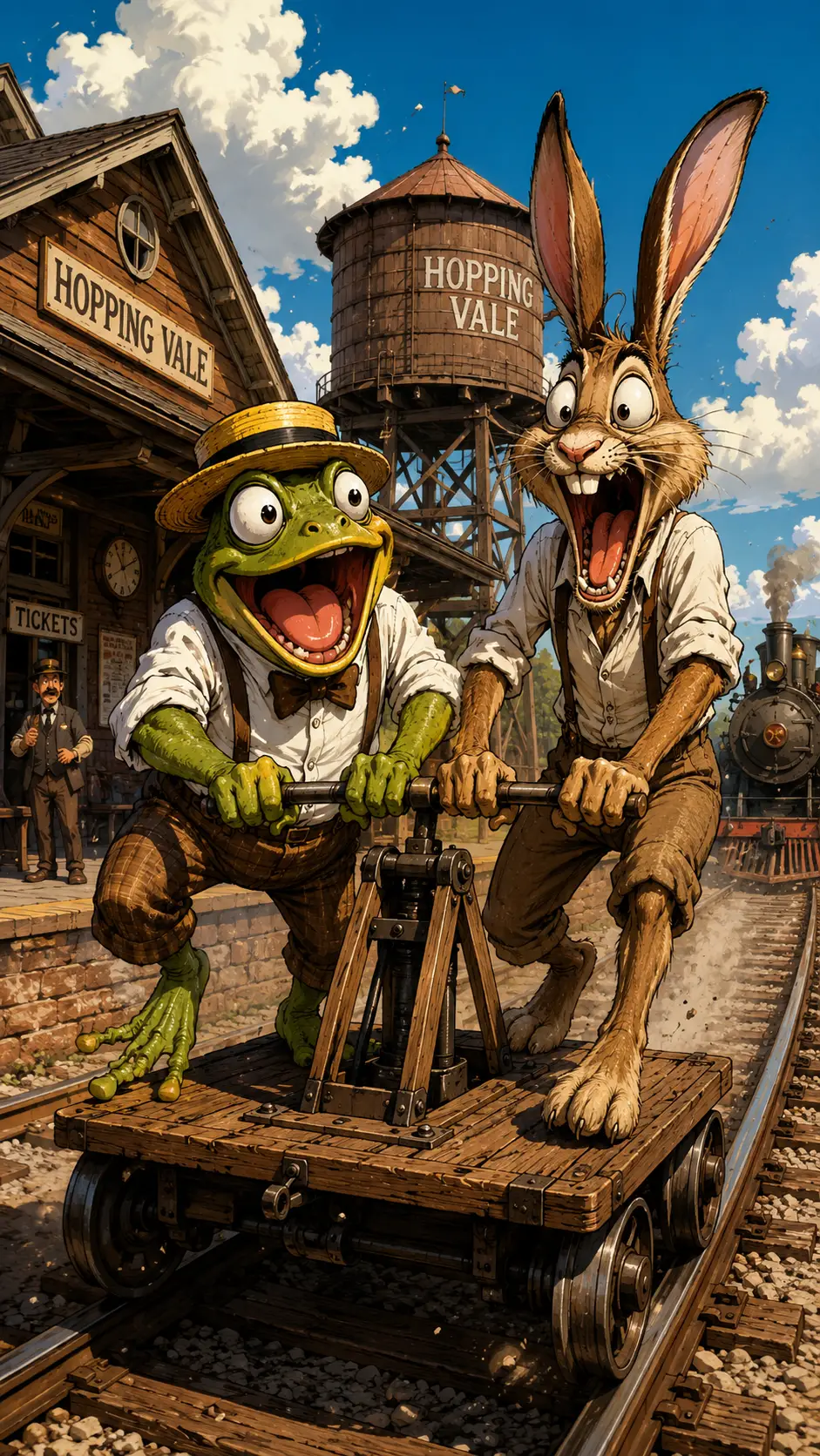 Rana y conejo de dibujos animados bombeando una zorra de vía en las vías del tren