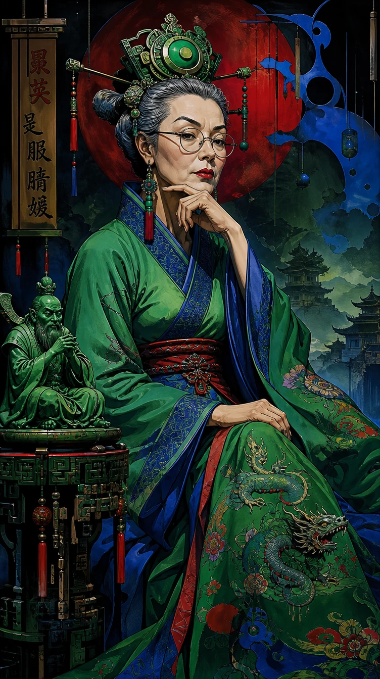 Retrato híbrido surrealista de una mujer sabia con inspiración china