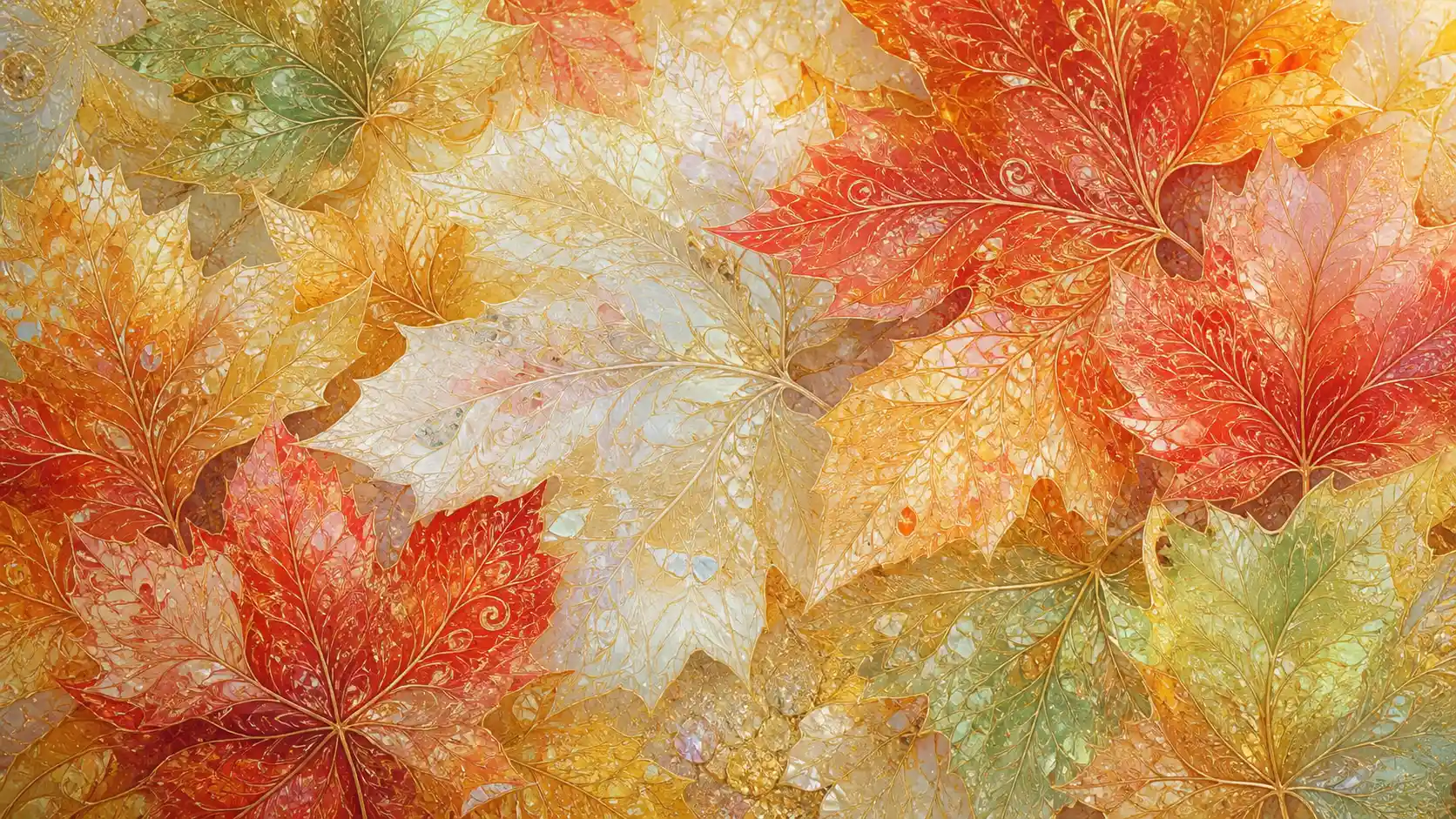 Hojas de otoño coloridas con delicados patrones dorados y blancos